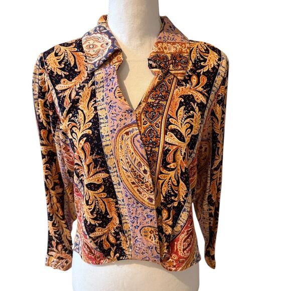 Rachel Zoe Cropped Collared Long Sleeve Top Rust Boho Print M - Picture 2 of 8